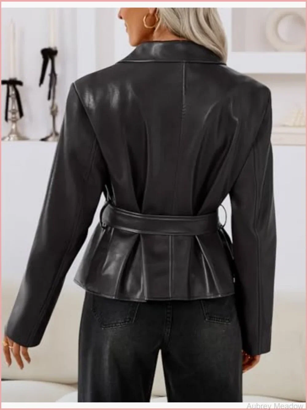 Faux Leather Blazer Jacket with Removable Belt Button Down Notch Lapel